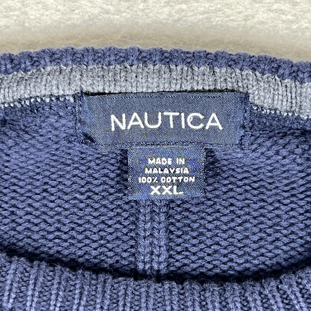 Y2K Nautica Sweater Mens 2XL Blue 100% Cotton Ribbed Crewneck Knit Pullover - Picture 3 of 7